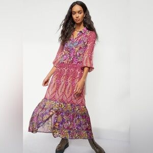 Anthropologie Nikole Boho Printed Button Down Maxi Shirt Dress Purple